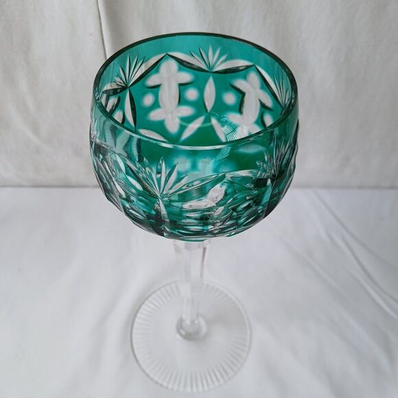 Bohemian Cut to Clear Crystal Green Emerald Wine Glass Faceted Stem 8" - Picture 1 of 7